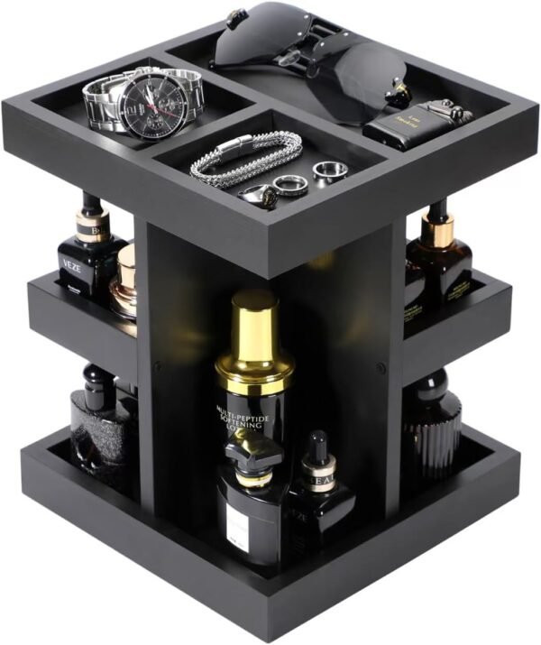 EXIN DECHEN Cologne Organizer for Men,Cologne Stand,3 Tier Large Capacity Wood Perfume Shelf with Rotate,Perfume Display Holder,Nightstand Organizer,Gifts for Men(Black)