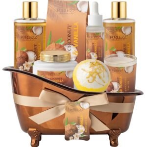 Spa Gift Basket for Women, Coconut & Vanilla Luxury Home Spa Kit, 8pcs Bath Gift Set, Birthday Gift for Women Unique with Bath Bombs, Scented Candle, Body Lotion, Spa Bath Sets...