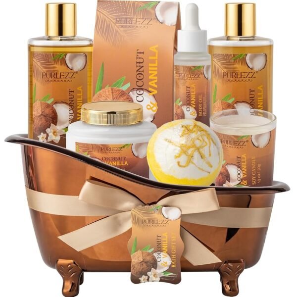 Spa Gift Basket for Women, Coconut & Vanilla Luxury Home Spa Kit, 8pcs Bath Gift Set, Birthday Gift for Women Unique with Bath Bombs, Scented Candle, Body Lotion, Spa Bath Sets...